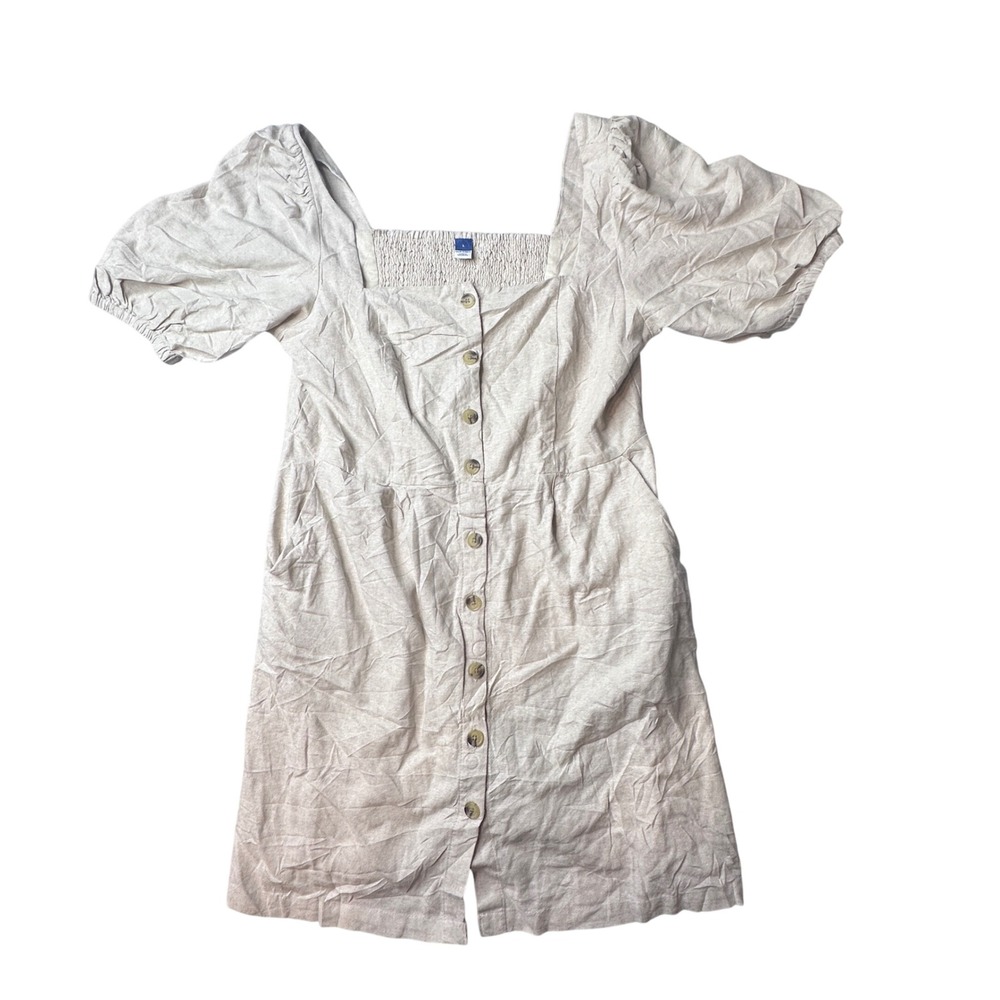 Old Navy Dress Womens L Beige SS Puff Slve M Mini Linen Blend Button Front 70571